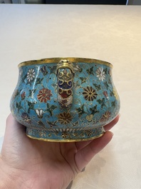 A Chinese gilt-bronze cloisonn&eacute; censer with floral design, double vajra mark, 19/20th C.