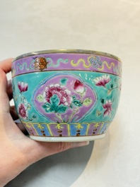 A Chinese famille rose turquoise-ground 'chupu' bowl and cover for the Straits or Peranakan market, 19th C.