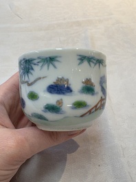 A Chinese doucai 'Zhou Dunyi 周敦颐' cup on wooden stand, Xianfeng mark and of the period