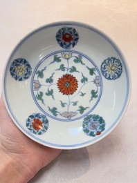 A Chinese doucai plate with stylised floral design, Chenghua mark, Kangxi/Yongzheng