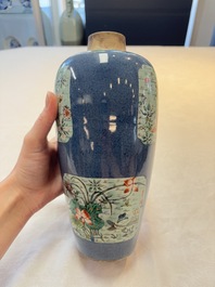 A Chinese famille verte powder-blue-ground 'fish and bird' vase and cover, 19th C.