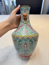 An imperial Chinese famille rose turquoise-ground 'chilong and flower scrolls' vase, Jiaqing mark and of the period