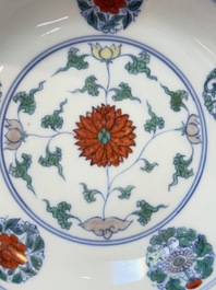 A Chinese doucai plate with stylised floral design, Chenghua mark, Kangxi/Yongzheng
