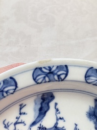 A Chinese blue and white ko-sometsuke 'Oath of the Peach Garden' saucer dish, Yin Sheng Jia Qi 寅生佳器 mark, 19th C.