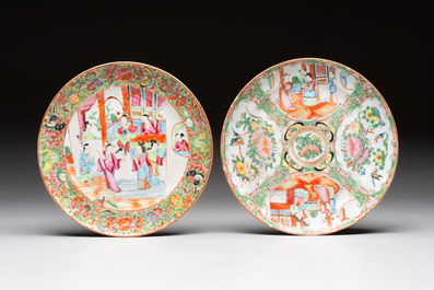 Four Chinese Canton famille rose plates and a covered double-teapot, 19th C.