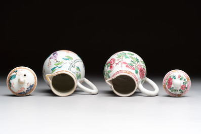 Three fine Chinese famille rose covered milk jugs and a grisaille and iron-red-decorated tea caddy with silver cover, Yongzheng/Qianlong