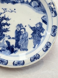 A Chinese blue and white ko-sometsuke 'Oath of the Peach Garden' saucer dish, Yin Sheng Jia Qi 寅生佳器 mark, 19th C.
