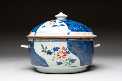 A Chinese famille rose blue-ground tureen, cover and stand, Qianlong