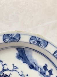 A Chinese blue and white ko-sometsuke 'Oath of the Peach Garden' saucer dish, Yin Sheng Jia Qi 寅生佳器 mark, 19th C.