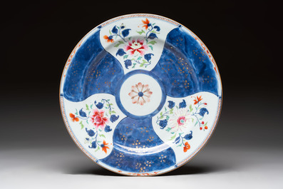 A Chinese famille rose blue-ground tureen, cover and stand, Qianlong