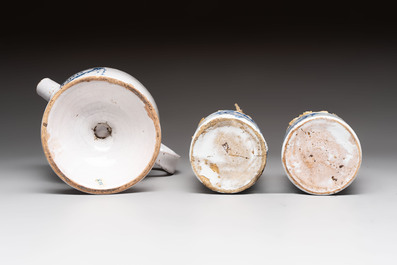 A collection of five blue and white Tournai faience pharmacy jars and a wet drug jar, 17/18th C.