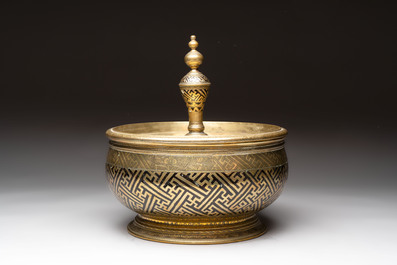 A brass betel bowl and cover with black-enamelled and engraved design, Indonesia, 19th C.