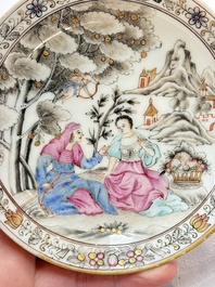 A Chinese famille rose 'erotic subject' cup and saucer, Yongzheng/Qianlong
