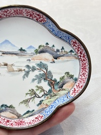 A pair of Chinese Canton enamel quadrifoil 'riverscape' saucers, Yi Qi 亦奇 mark, 18th C.