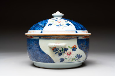 A Chinese famille rose blue-ground tureen, cover and stand, Qianlong