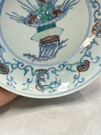 A Chinese doucai 'flower basket' plate, Chenghua mark, 18/19th C.