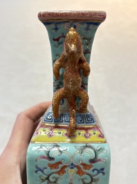 A Chinese famille rose turquoise-ground rectangular vase with floral design, Qianlong mark, Republic