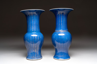 A pair of Chinese gilt-decorated powder-blue 'yenyen' vases, Kangxi