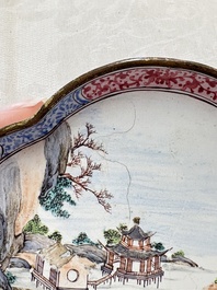 A pair of Chinese Canton enamel quadrifoil 'riverscape' saucers, Yi Qi 亦奇 mark, 18th C.