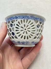A Chinese blue and white reticulated double-walled cup, ruyi mark, Kangxi