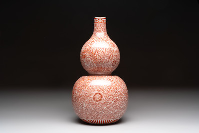 A Chinese iron-red-decorated 'dragon and phoenix' double-gourd vase, Qianlong mark, Republic
