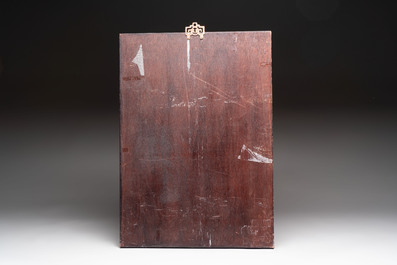 Four Chinese grisaille and iron-red-decorated 'Eight Immortals' plaques with wooden frame, signed Nanshan Laoren 南山老人, dated 1916