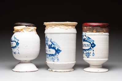 A collection of five blue and white Tournai faience pharmacy jars and a wet drug jar, 17/18th C.