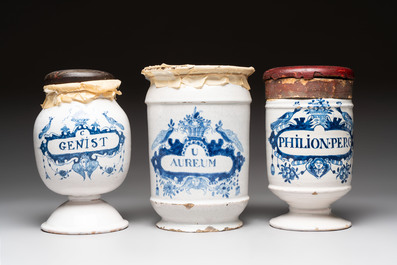 A collection of five blue and white Tournai faience pharmacy jars and a wet drug jar, 17/18th C.