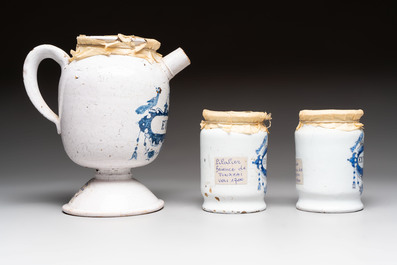A collection of five blue and white Tournai faience pharmacy jars and a wet drug jar, 17/18th C.