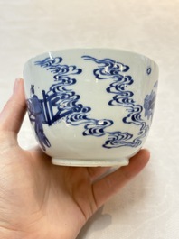 A Chinese blue and white 'figures in a landscape' bowl and cover, Kangxi mark and of the period