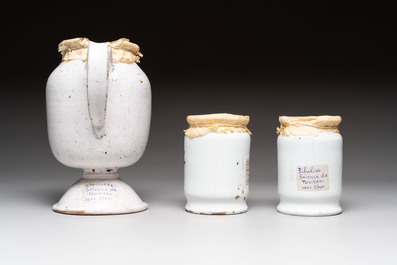 A collection of five blue and white Tournai faience pharmacy jars and a wet drug jar, 17/18th C.