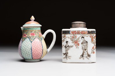 Three fine Chinese famille rose covered milk jugs and a grisaille and iron-red-decorated tea caddy with silver cover, Yongzheng/Qianlong