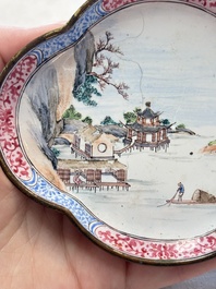 A pair of Chinese Canton enamel quadrifoil 'riverscape' saucers, Yi Qi 亦奇 mark, 18th C.