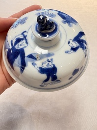 A Chinese blue and white 'figures in a landscape' bowl and cover, Kangxi mark and of the period