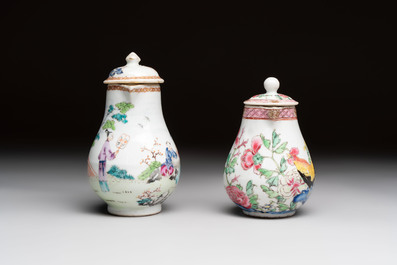 Three fine Chinese famille rose covered milk jugs and a grisaille and iron-red-decorated tea caddy with silver cover, Yongzheng/Qianlong