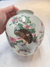 A Chinese falangcai 'quails among flowers' vase, 19/20th C.