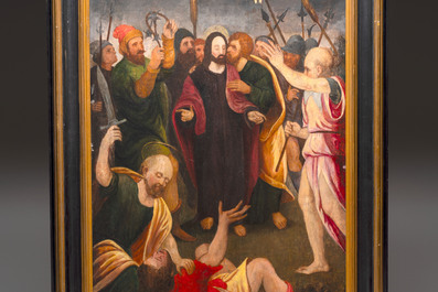 Pieter Claeissens the Elder (Bruges, 1499-1576): 'The Betrayal of Christ', oil on panel, 16th C.