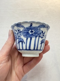 A set of six Chinese blue and white cups and saucers with floral design, Kangxi mark, 19th C.
