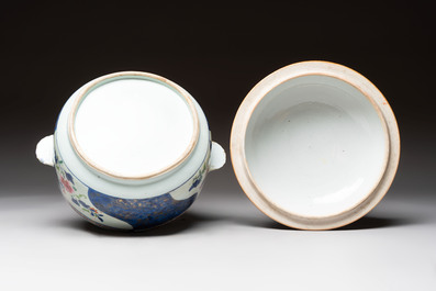 A Chinese famille rose blue-ground tureen, cover and stand, Qianlong