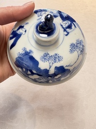 A Chinese blue and white 'figures in a landscape' bowl and cover, Kangxi mark and of the period