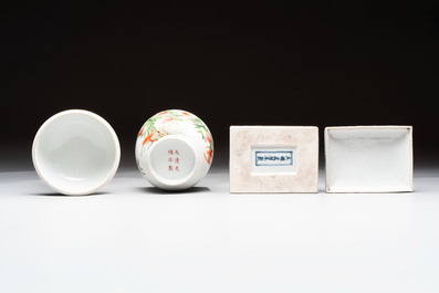 A Chinese wucai covered box, a blue and white ewer, a famille rose covered box and a plate, Wanli, Kangxi and Guangxu mark, 19/20th C.