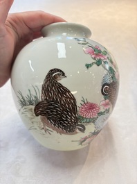 A Chinese falangcai 'quails among flowers' vase, 19/20th C.