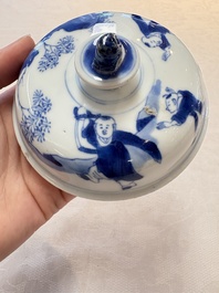 A Chinese blue and white 'figures in a landscape' bowl and cover, Kangxi mark and of the period