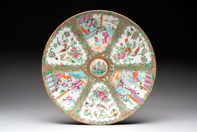 Four Chinese Canton famille rose plates and a covered double-teapot, 19th C.