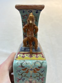 A Chinese famille rose turquoise-ground rectangular vase with floral design, Qianlong mark, Republic