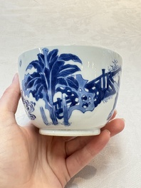 A Chinese blue and white 'figures in a landscape' bowl and cover, Kangxi mark and of the period