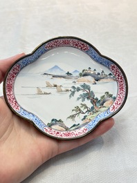 A pair of Chinese Canton enamel quadrifoil 'riverscape' saucers, Yi Qi 亦奇 mark, 18th C.