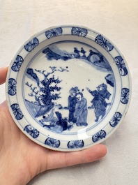A Chinese blue and white ko-sometsuke 'Oath of the Peach Garden' saucer dish, Yin Sheng Jia Qi 寅生佳器 mark, 19th C.