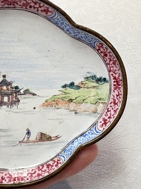 A pair of Chinese Canton enamel quadrifoil 'riverscape' saucers, Yi Qi 亦奇 mark, 18th C.