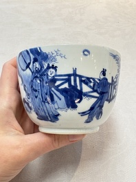 A Chinese blue and white 'figures in a landscape' bowl and cover, Kangxi mark and of the period